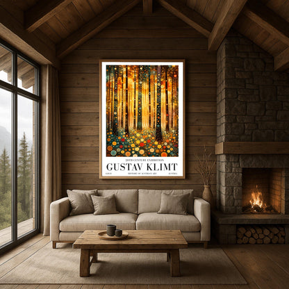 A vertical fine art print in the style of Gustav Klimt. Dark, slender tree trunks are decorated with various golden and colorful concentric circles. The forest floor is covered in similar circular floral patterns. A bright, warm golden light glows from the background, creating a high-contrast, ornate night forest scene.