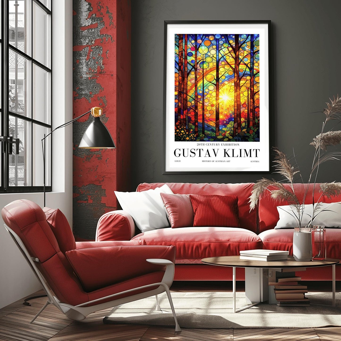 A vertical museum exhibition poster in the style of Gustav Klimt. A bright sun radiates light through a forest where the leaves are represented by colorful circles resembling stained glass. The foreground features detailed flowers and leaves. Bold black text at the bottom reads "GUSTAV KLIMT" and "HISTORY OF AUSTRIAN ART."