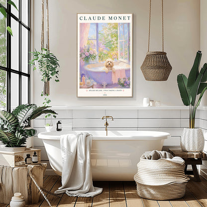 A vertical art print in a soft impressionist style. A small, fluffy, cream-colored dog sits in a lavender-colored bathtub filled with soapy bubbles. The tub is by an open window overlooking a sunlit garden of pink and purple flowers. The top of the print says "CLAUDE MONET" in a dark serif font. The bottom features the text "SPLISH SPLASH, I WAS TAKING A BATH" with small pink paw prints.