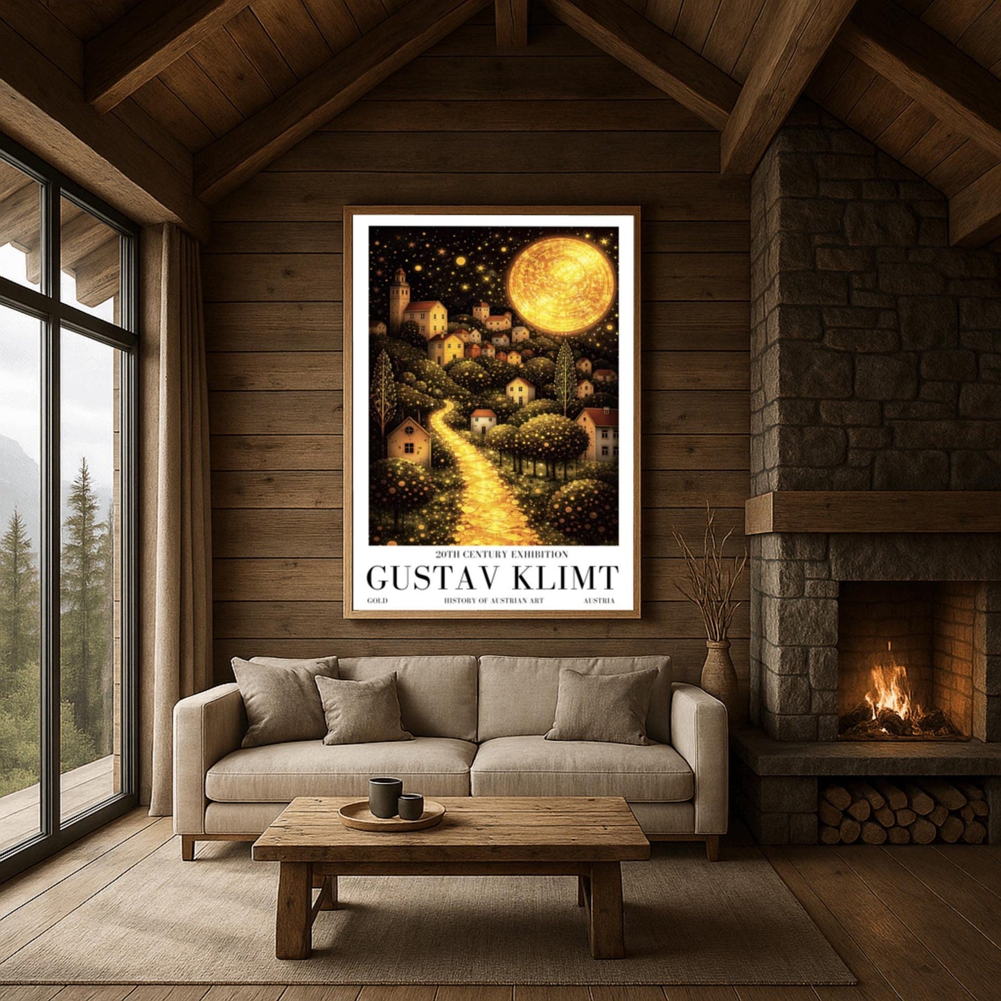 A vertical fine art landscape in the style of Gustav Klimt. A huge, textured golden moon shines in a starry night sky. A glowing golden path winds up a hillside past trees filled with shimmering golden dots toward a village of small houses with lit windows.