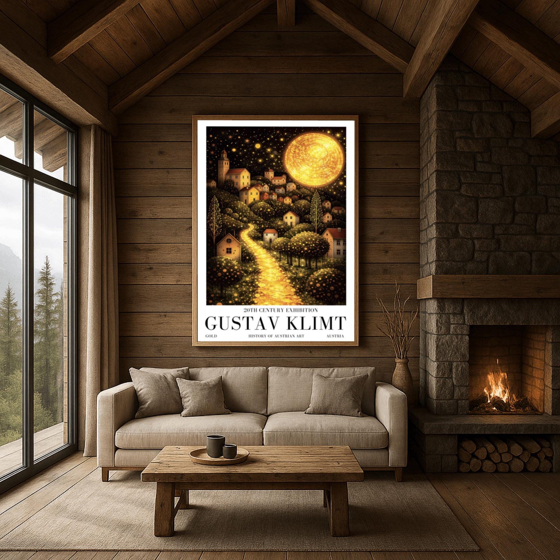 A vertical fine art landscape in the style of Gustav Klimt. A huge, textured golden moon shines in a starry night sky. A glowing golden path winds up a hillside past trees filled with shimmering golden dots toward a village of small houses with lit windows.