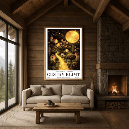A vertical fine art landscape in the style of Gustav Klimt. A huge, textured golden moon shines in a starry night sky. A glowing golden path winds up a hillside past trees filled with shimmering golden dots toward a village of small houses with lit windows.
