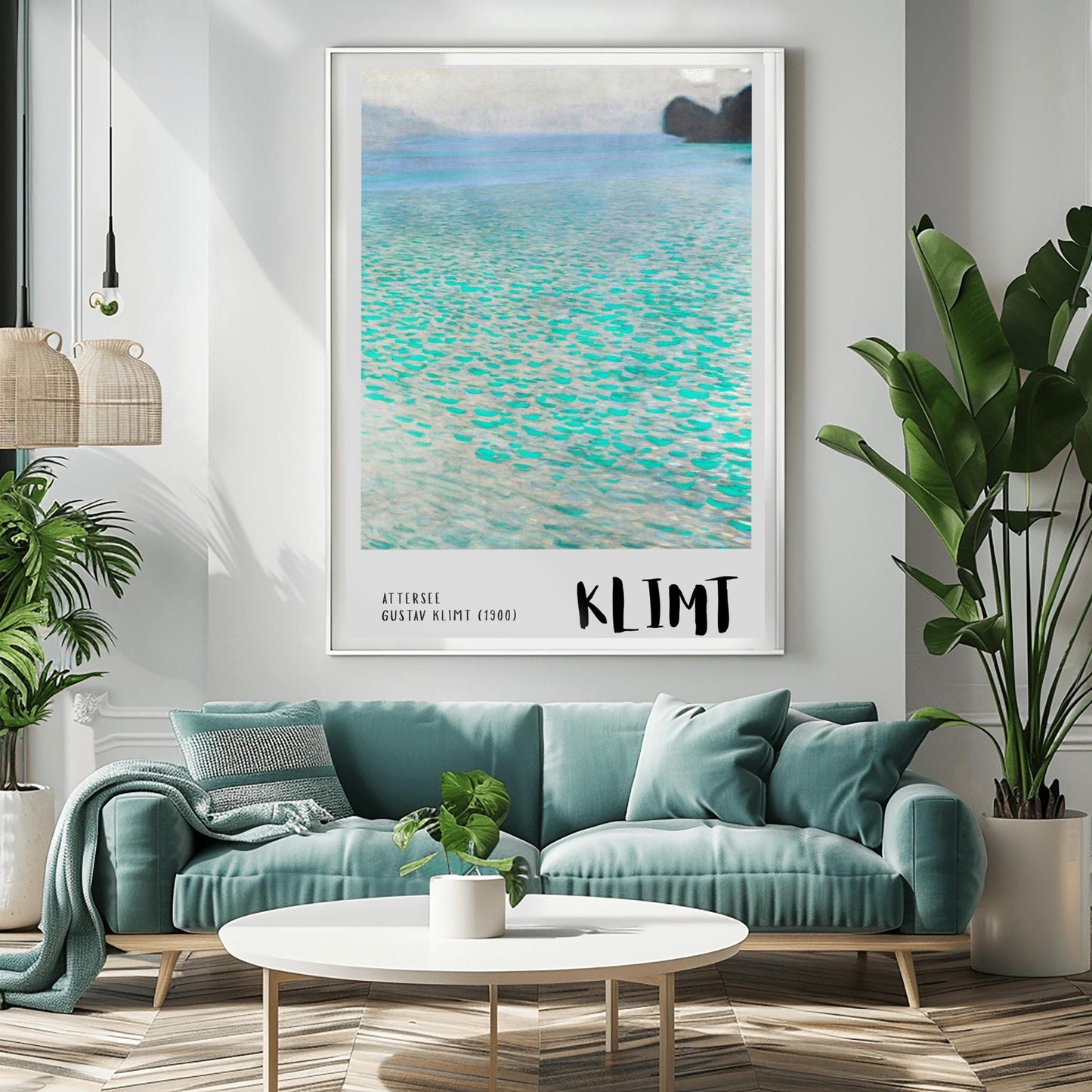 A vertical museum exhibition poster featuring Gustav Klimt's 1900 landscape painting "Attersee." The image depicts a close-up, shimmering view of a turquoise lake with a small dark island in the top right. The bottom border is soft grey with bold black text reading "ATTERSEE" and "KLIMT."