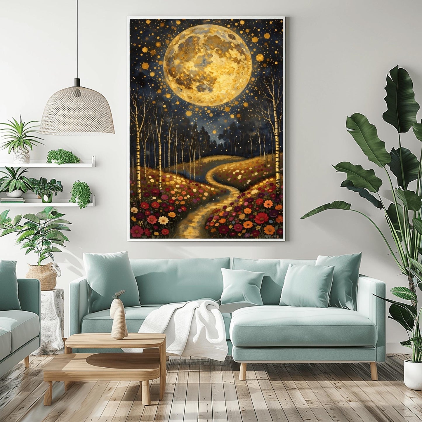 A vertical fine art painting in the style of Gustav Klimt. A massive, textured golden moon fills the upper half of a dark, starlit sky. Below, a winding golden path leads through a lush field of colorful wildflowers including pink, red, and white blooms. Slender birch trees with gold accents frame the meadow. The style is highly decorative with mosaic patterns and shimmering light effects.