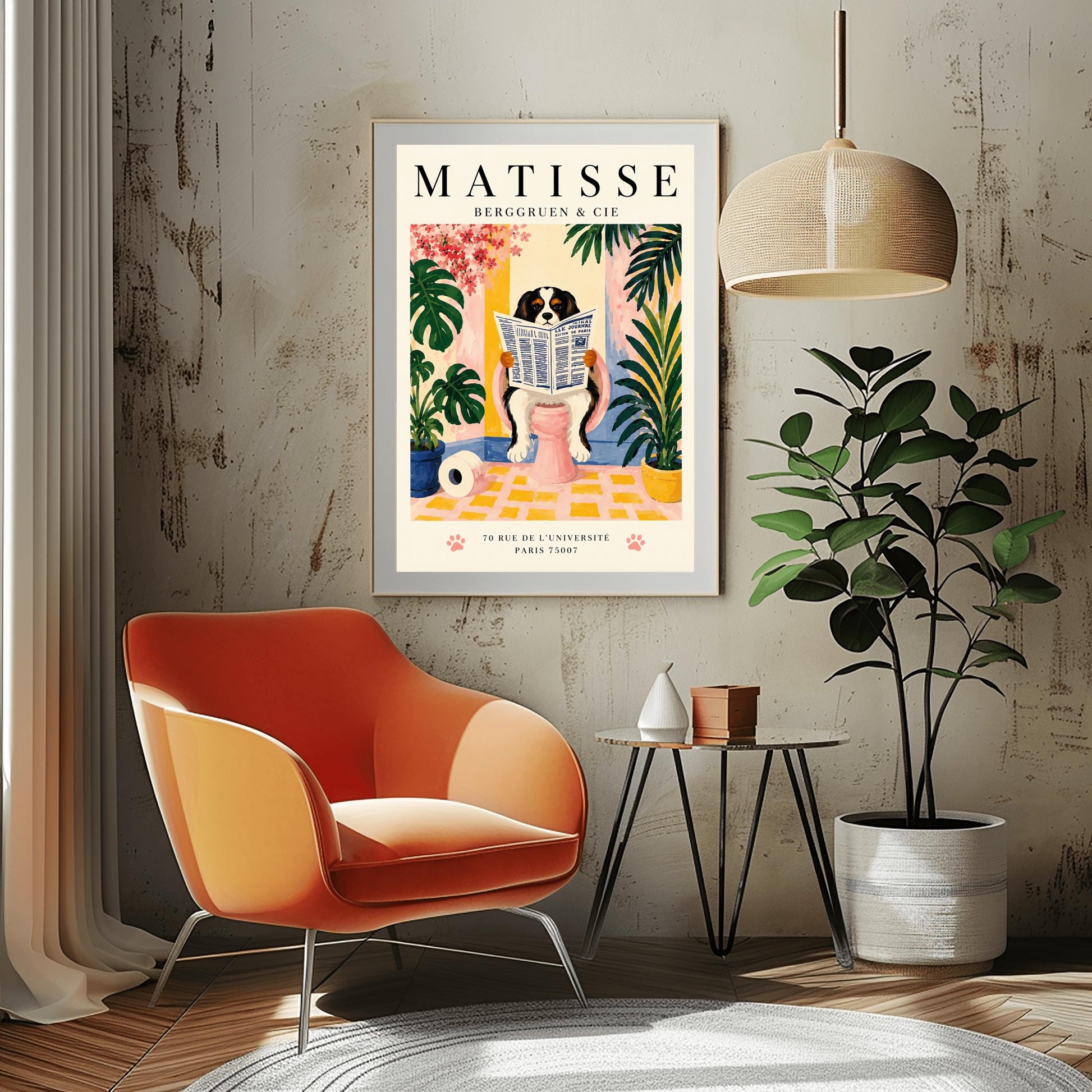 A vertical vintage-style exhibition poster on a cream background titled "MATISSE BERGGRUEN & CIE" in bold black font. The main gouache-style illustration depicts a tricolor black, white, and tan Cavalier King Charles Spaniel sitting on a pink toilet. The dog is holding and reading a blue-and-white French newspaper titled "LE JOURNAL". The bathroom scene includes a roll of toilet paper on a yellow checkered floor, potted monstera and palm plants