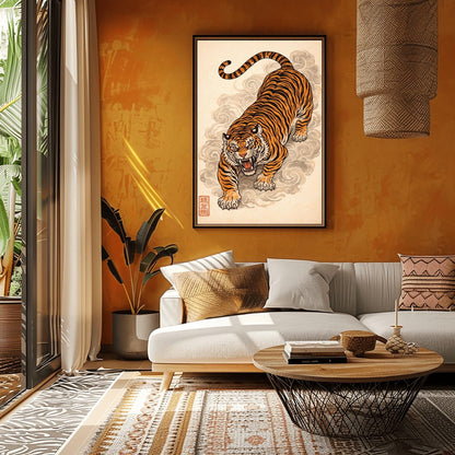 A vertical Japanese-style art print of an orange and black striped tiger prowling forward with an open mouth and fierce expression. The tiger is surrounded by stylized, swirling grey clouds of mist. The background is a textured light cream color, and a red square calligraphy seal is visible in the bottom left corner. The style is reminiscent of traditional ukiyo-e woodblock prints.