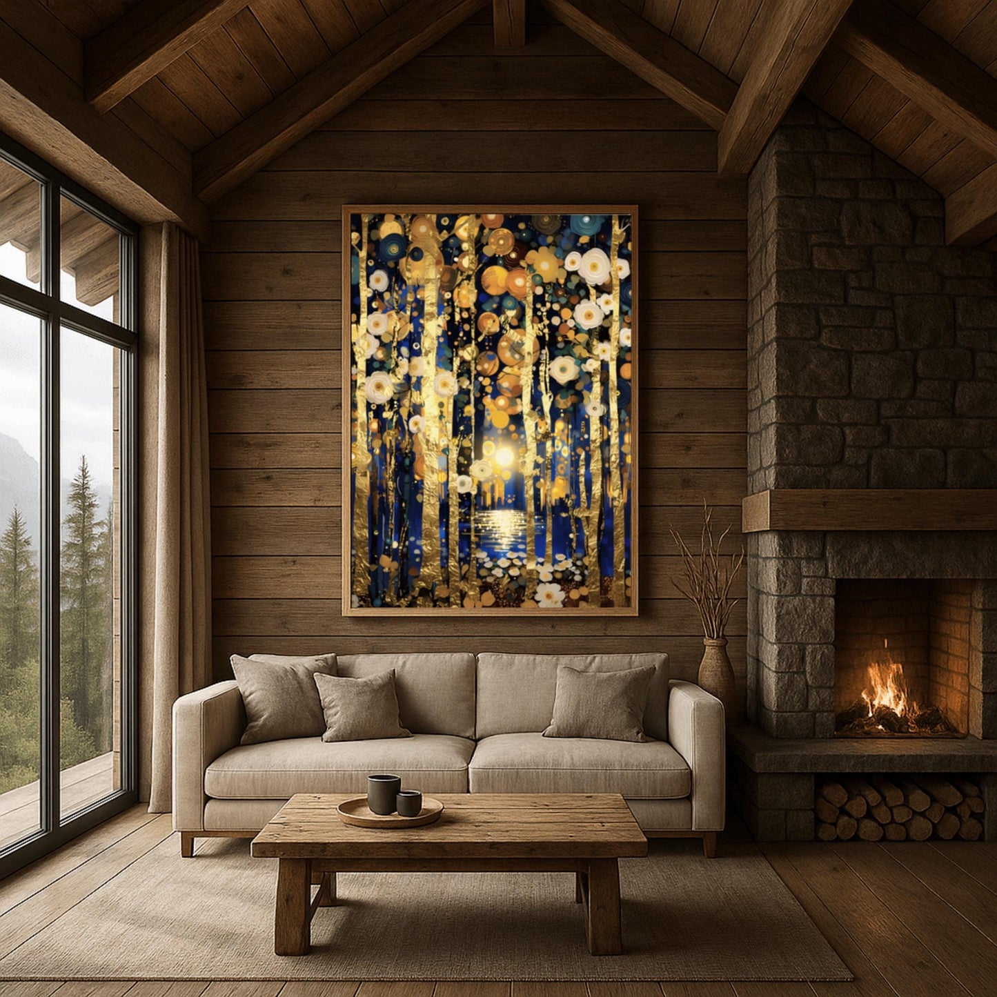 A vertical fine art print in the style of Gustav Klimt. Slender, textured gold leaf tree trunks stand against a dark midnight blue background. The sky and ground are filled with glowing white and gold circular flower patterns. In the center, a distant moon reflects in a small pool of water.