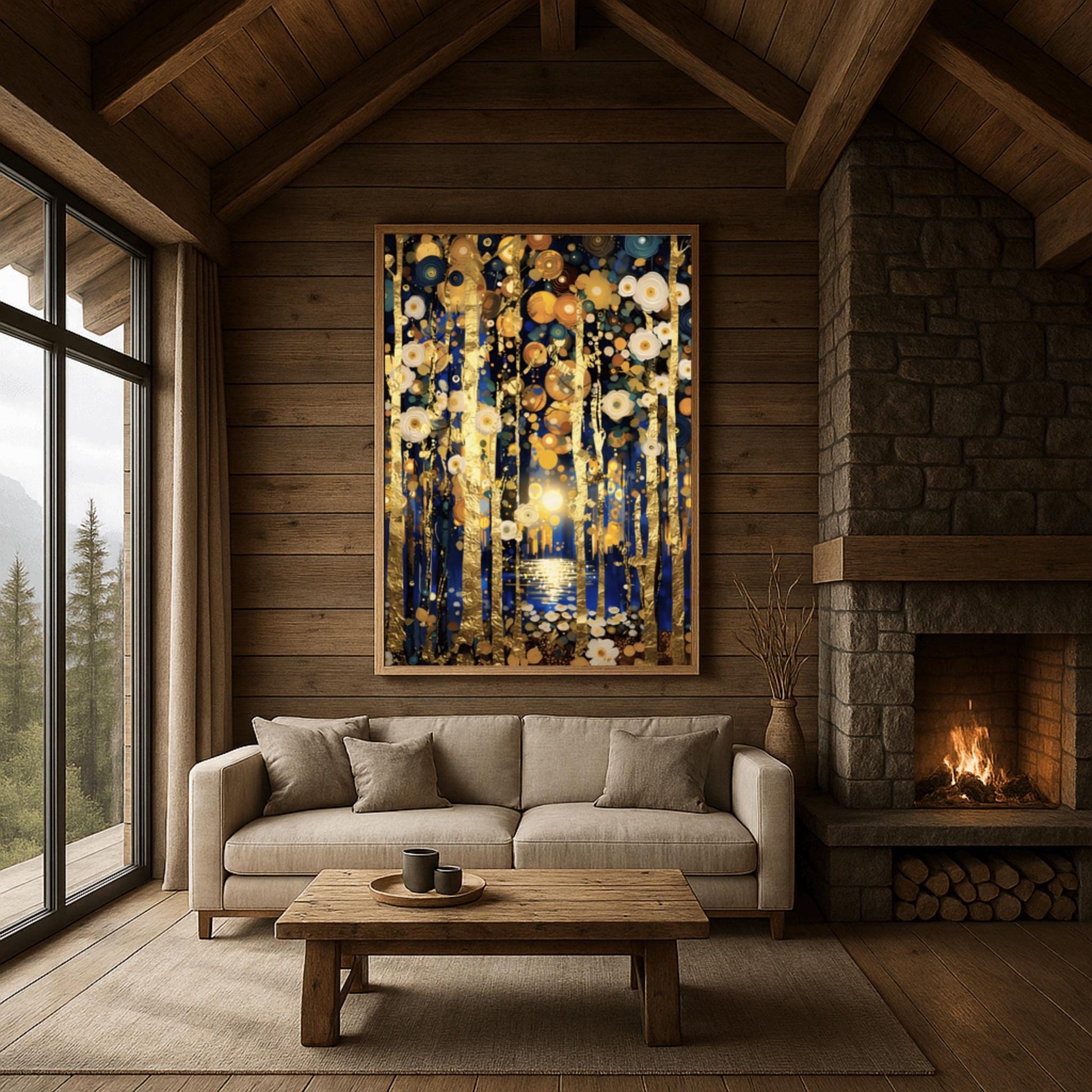 A vertical fine art print in the style of Gustav Klimt. Slender, textured gold leaf tree trunks stand against a dark midnight blue background. The sky and ground are filled with glowing white and gold circular flower patterns. In the center, a distant moon reflects in a small pool of water.