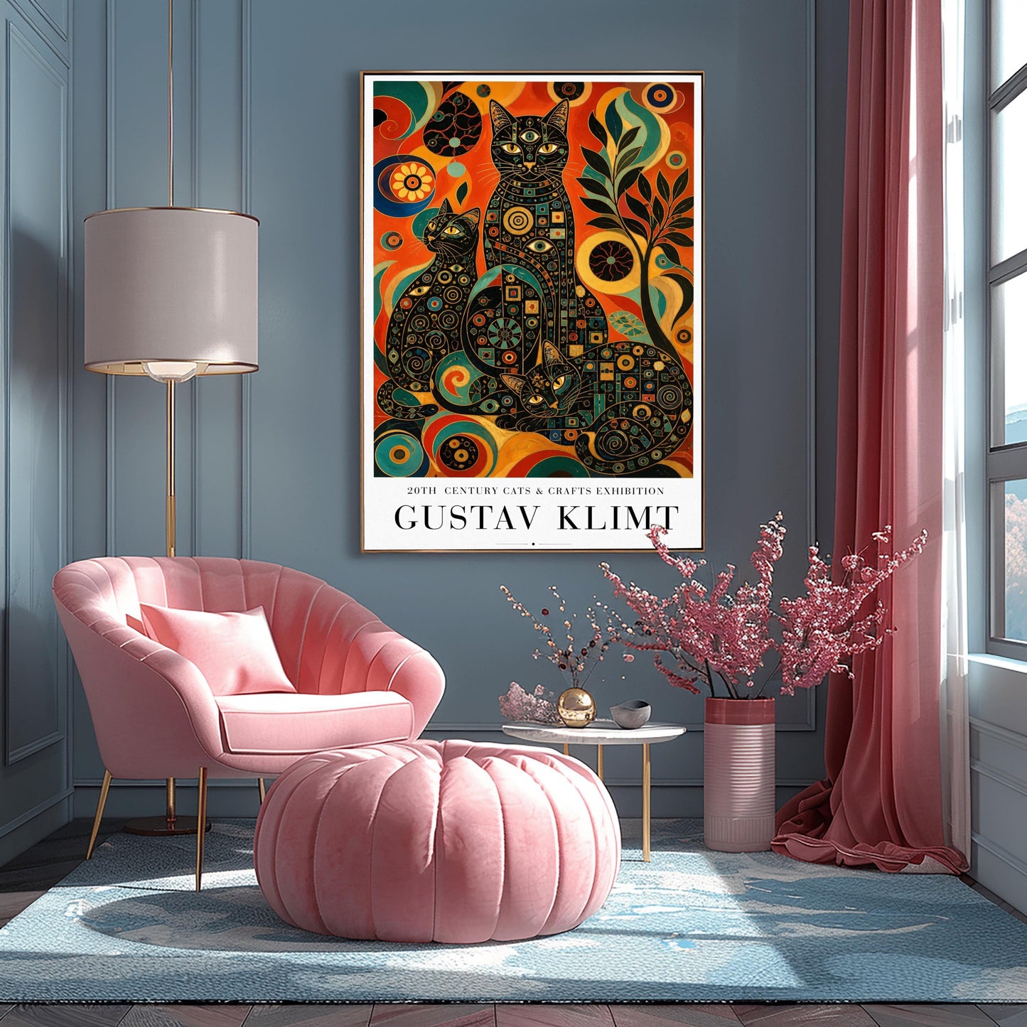 A vertical art print in the style of Gustav Klimt. Three black cats are positioned together, their bodies covered in intricate colorful mosaics of circles, squares, and eye symbols in gold, teal, and red. The background is a vibrant abstract of swirling orange, red, and yellow patterns with a stylized black tree to the right. The bottom of the poster features clean black text that reads "20th Century Cats & Crafts Exhibition" and "Gustav Klimt."