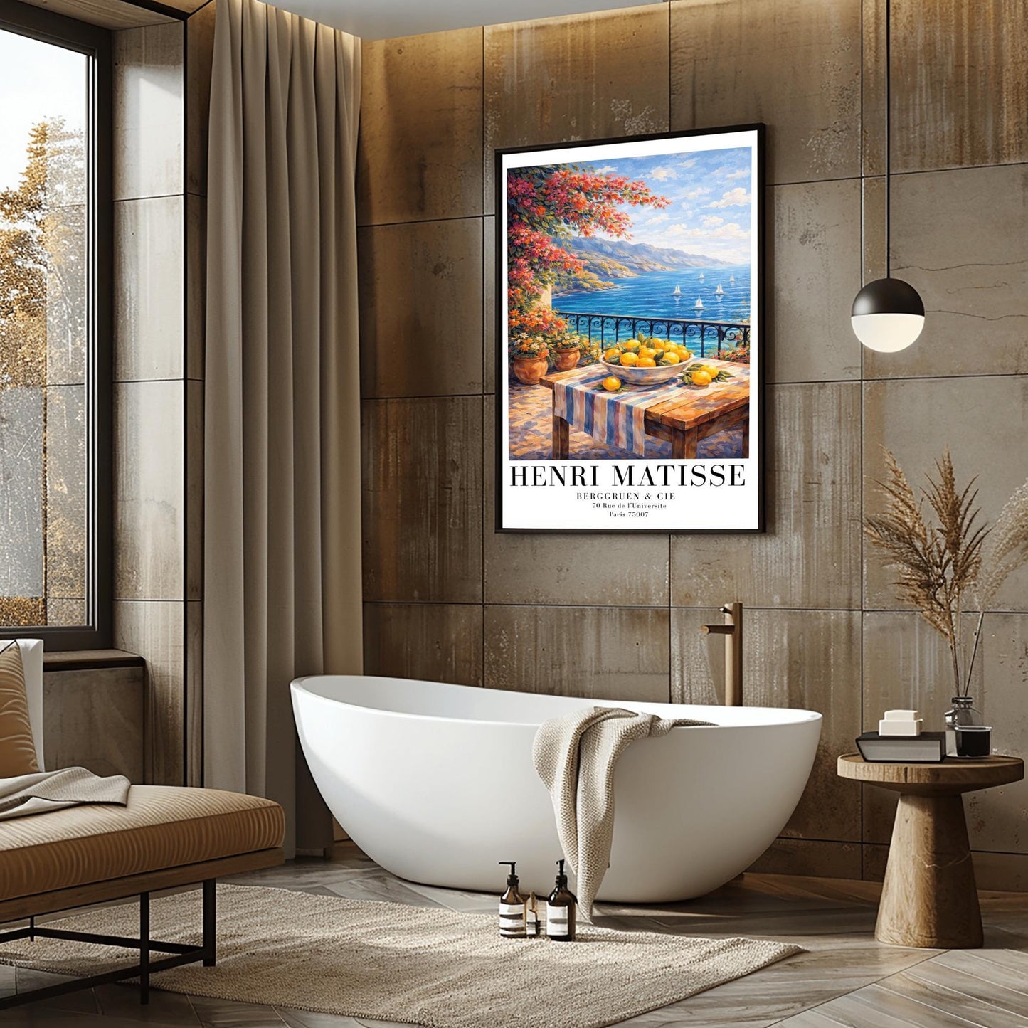 A vertical painterly illustration of a stone terrace with a black iron railing. A pink bougainvillea tree hangs from the top left over a wooden table with a bowl of oranges and lemons. Beyond the railing is a blue sea with white sailboats and a distant mountainous coastline.