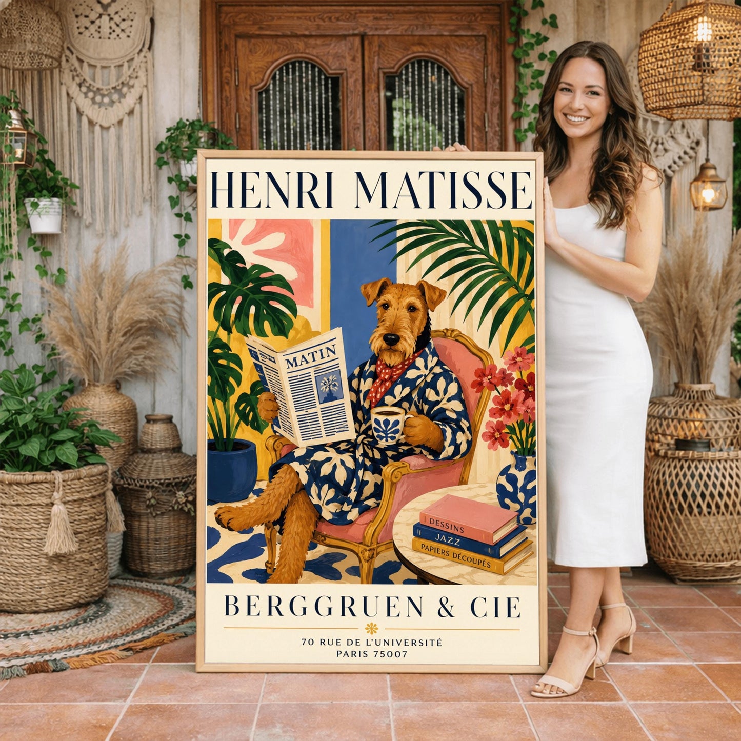 A vertical gallery exhibition poster with bold navy text reading "HENRI MATISSE" at the top and "BERGGRUEN & CIE" at the bottom. The illustration shows a brown scruffy terrier dog sitting like a human in a pink armchair with wooden frame, crossing its legs. The dog wears a navy blue robe with a white leaf pattern and a red and white polka dot scarf. It holds a coffee mug in one paw and a newspaper titled "MATIN" in the other.