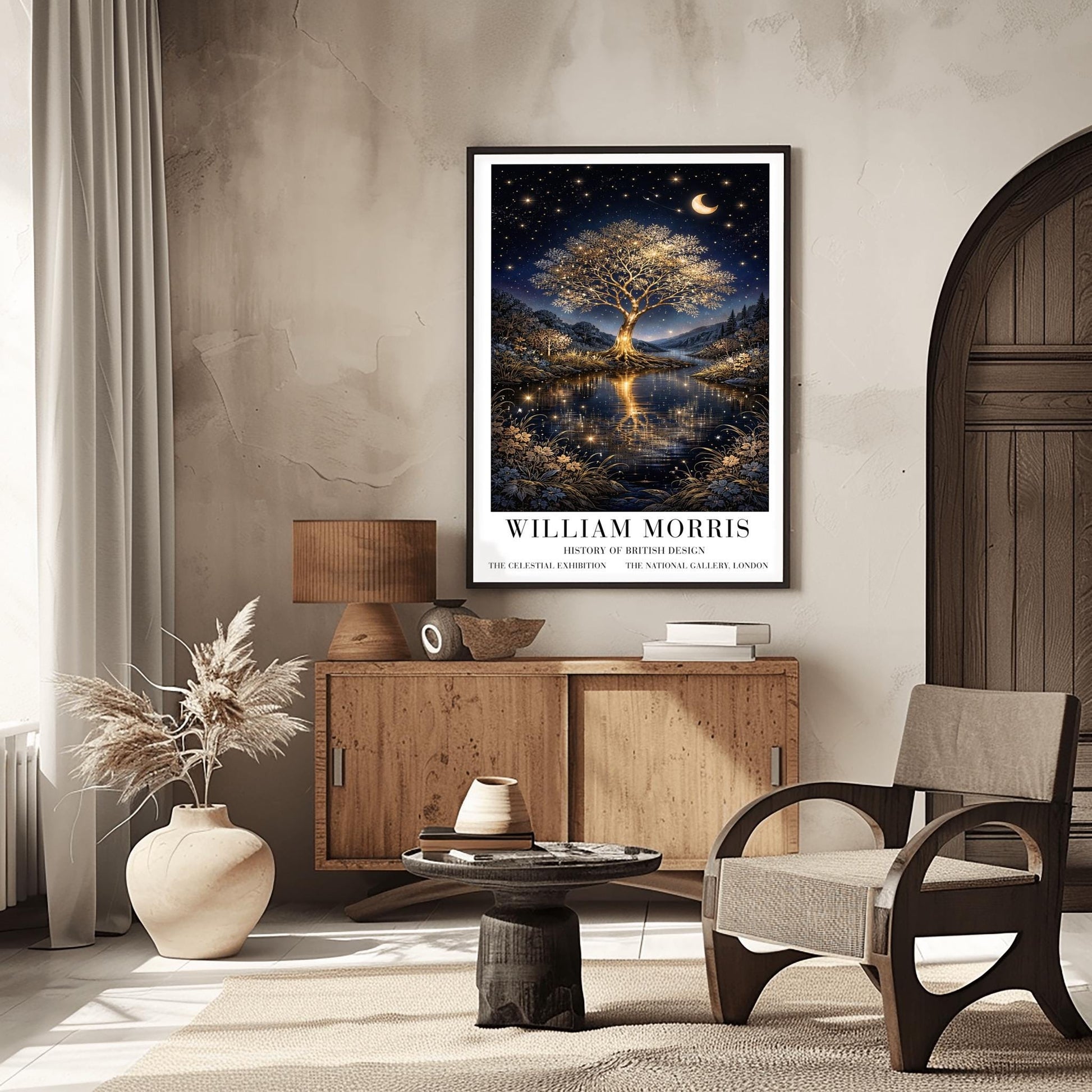 A vertical exhibition poster for "William Morris: History of British Design" at The National Gallery, London. The artwork features a large, glowing golden tree with intricate branches on a small island in the center of a river. The gold of the tree reflects vividly in the dark water below. A crescent moon and shooting star appear in a dark navy sky filled with many small stars. The scene is framed by golden wildflowers and dark hills. Bold black text at the bottom provides the exhibition details