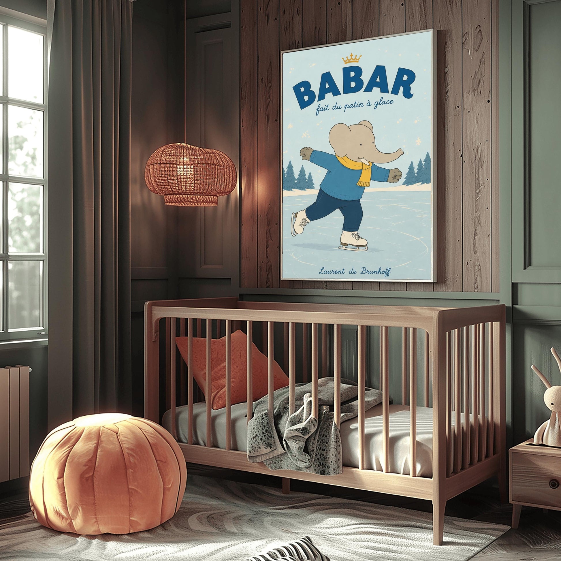 A vertical storybook-style art print featuring Babar the Elephant ice skating on a frozen pond. Babar is wearing a blue sweater, dark pants, a yellow scarf, and white ice skates. He is shown mid-stride with one leg lifted. The background consists of snowy pine trees under a light blue sky with falling snowflakes. The top of the print reads "BABAR fait du patin à glace" with a small gold crown.