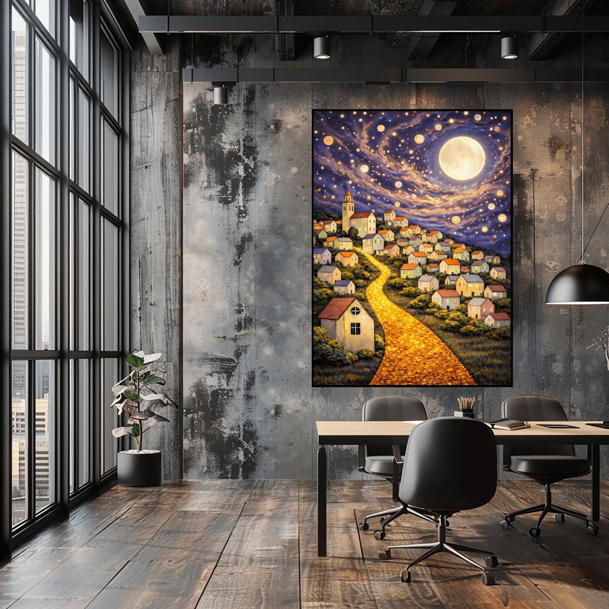 A vertical fine art print in the style of Gustav Klimt. A glowing road made of golden cobblestones winds up a steep hillside filled with small, charming houses. A massive, luminous full moon hangs in a purple and blue sky filled with stars and golden floating orbs.