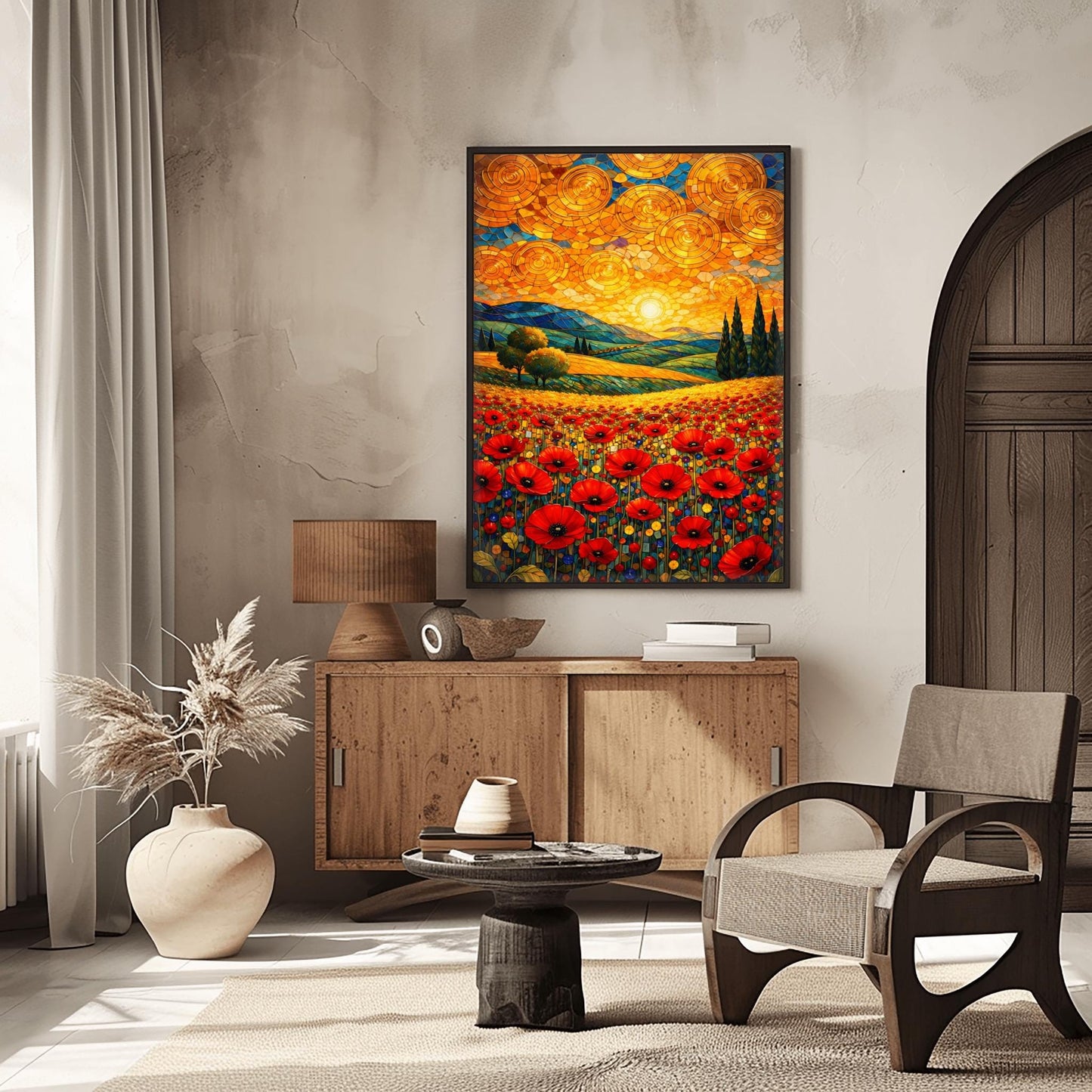 A vertical fine art print in the style of Gustav Klimt. A foreground of vibrant red poppies leads to rolling blue and green hills with cypress trees. The sky is filled with large, shimmering golden spirals and a bright sun, created in a mosaic style.