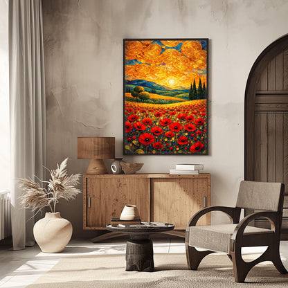 A vertical fine art print in the style of Gustav Klimt. A foreground of vibrant red poppies leads to rolling blue and green hills with cypress trees. The sky is filled with large, shimmering golden spirals and a bright sun, created in a mosaic style.