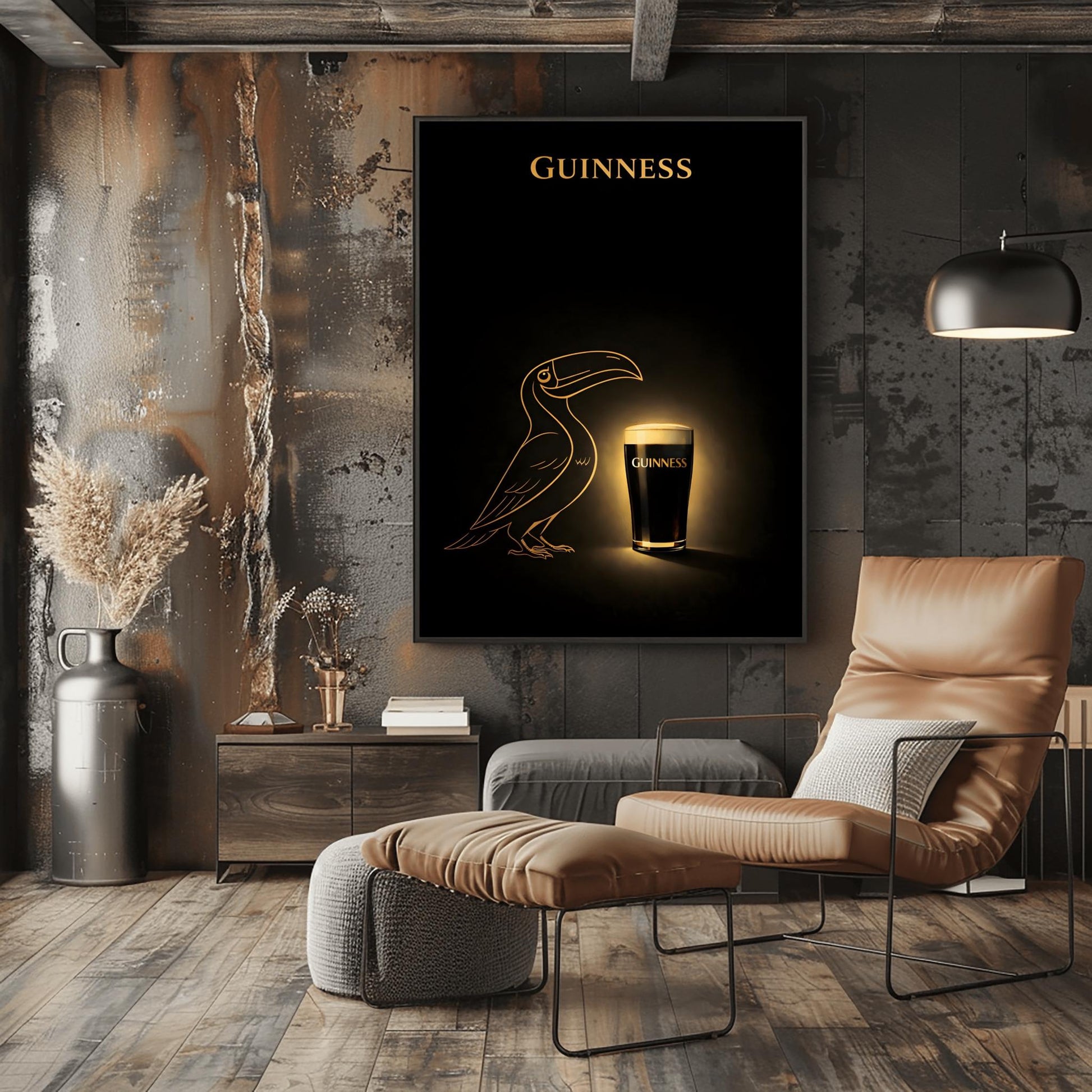 A vertical minimalist poster with a deep black background. In the center, a golden line-art silhouette of a toucan faces a glowing, realistic pint of Guinness beer. The pint has a bright white head and gold text. At the top, the word "GUINNESS" is written in gold.