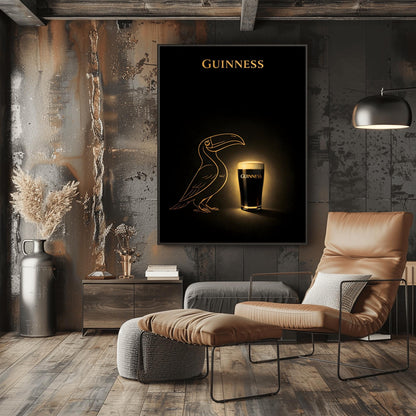 A vertical minimalist poster with a deep black background. In the center, a golden line-art silhouette of a toucan faces a glowing, realistic pint of Guinness beer. The pint has a bright white head and gold text. At the top, the word "GUINNESS" is written in gold.