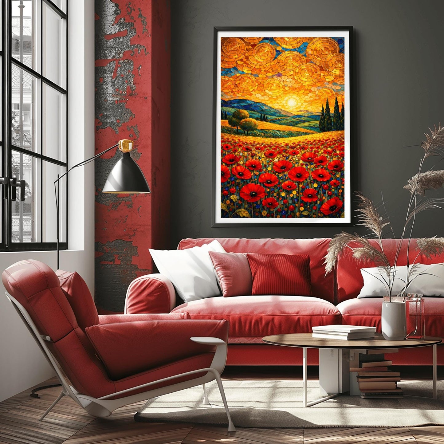 A vertical fine art print in the style of Gustav Klimt. A foreground of vibrant red poppies leads to rolling blue and green hills with cypress trees. The sky is filled with large, shimmering golden spirals and a bright sun, created in a mosaic style.