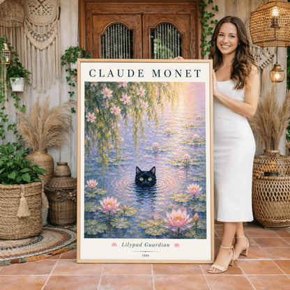A vertical impressionist-style art print titled "Lilypad Guardian." A black cat with bright yellow eyes is submerged up to its chin in a pond filled with pink water lilies and green lily pads. Weeping willow branches hang from above. The top of the print features "CLAUDE MONET" in a dark serif font, and the bottom includes the title and the year 1889. The colors are soft pastels with a heavy, textured paint effect.