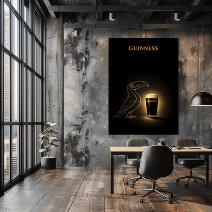 A vertical minimalist poster with a deep black background. In the center, a golden line-art silhouette of a toucan faces a glowing, realistic pint of Guinness beer. The pint has a bright white head and gold text. At the top, the word "GUINNESS" is written in gold.