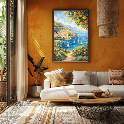 A vertical painterly illustration of a Mediterranean village built into a steep mountainside overlooking a blue sea with many white sailboats. Branches with oranges frame the top and bottom right. A flowered path in the foreground leads toward the water under a bright sky.