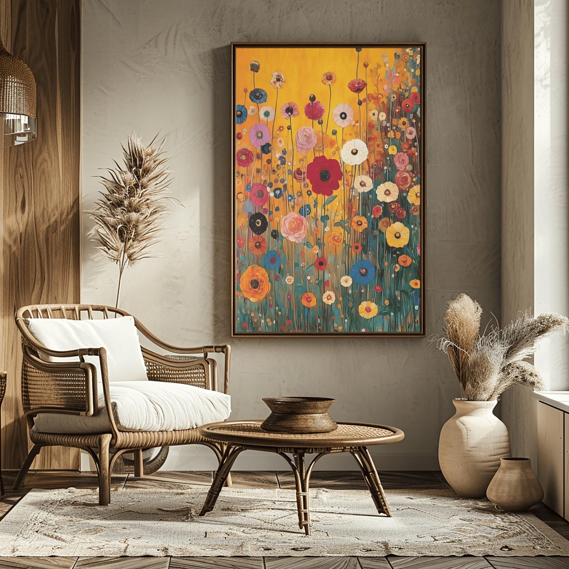 A vertical fine art print in the style of Gustav Klimt featuring a dense field of wildflowers. Red, blue, pink, and yellow flowers on long, thin green stalks grow against a solid amber-gold background. The painting features small ornamental dots and mosaic details throughout the meadow.