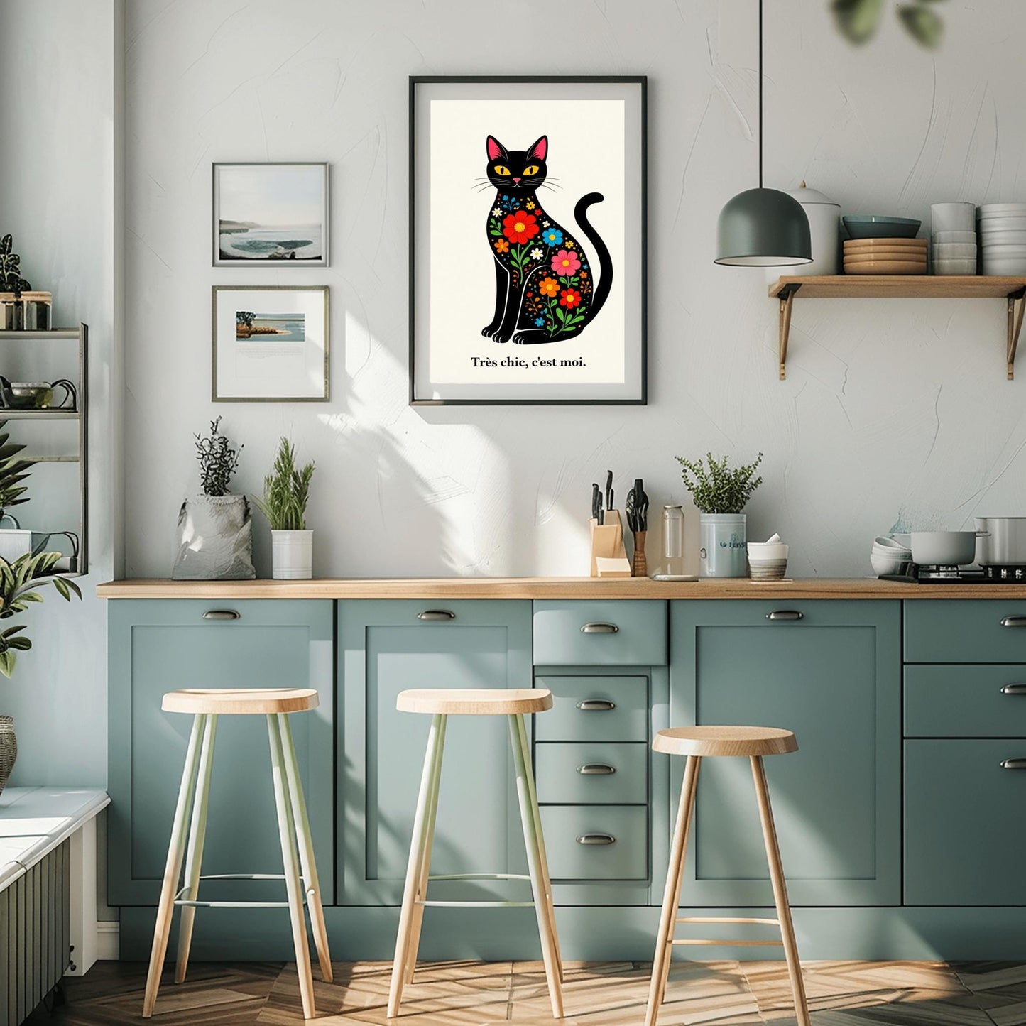 A vertical minimalist art print of a sleek black cat sitting upright, facing forward. The cat's body is filled with colorful folk-art style flowers in red, blue, orange, and yellow with green leaves. The cat has large yellow eyes and a small pink nose. Below the cat, the French phrase "Très chic, c'est moi." is written in a black serif font. The entire image is set against a textured off-white background.