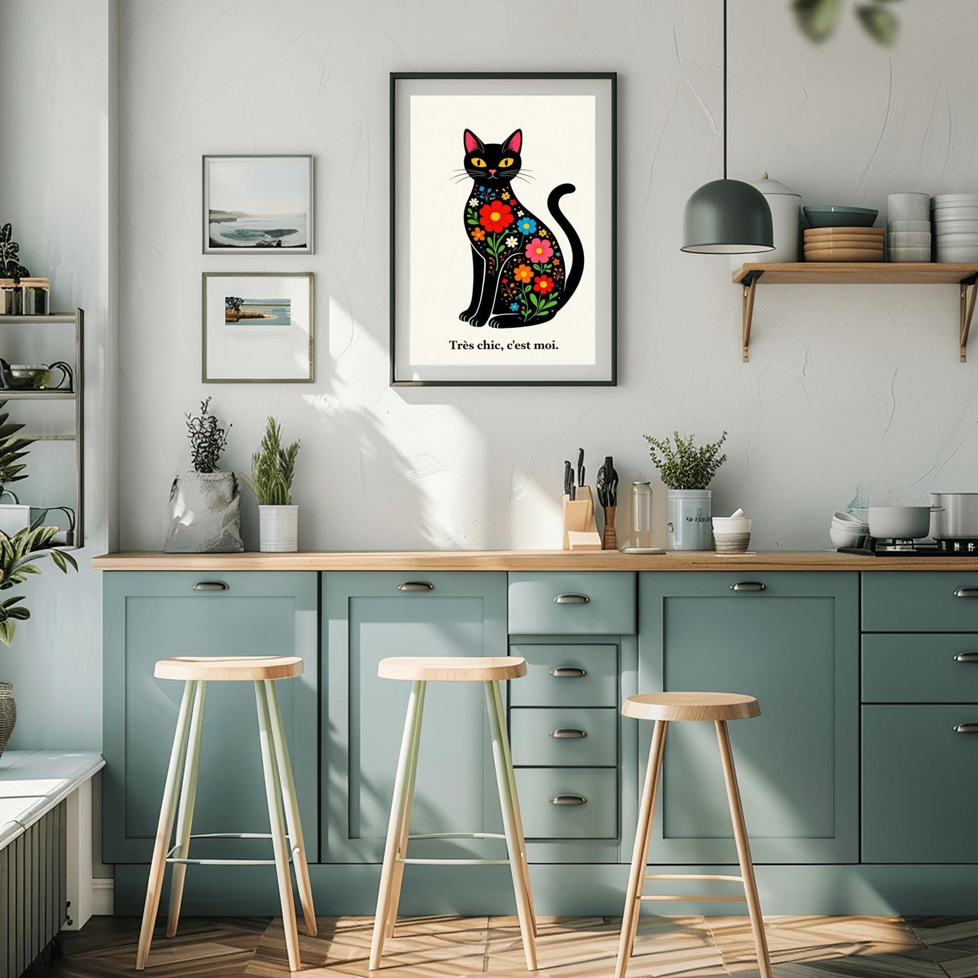 A vertical minimalist art print of a sleek black cat sitting upright, facing forward. The cat's body is filled with colorful folk-art style flowers in red, blue, orange, and yellow with green leaves. The cat has large yellow eyes and a small pink nose. Below the cat, the French phrase "Très chic, c'est moi." is written in a black serif font. The entire image is set against a textured off-white background.