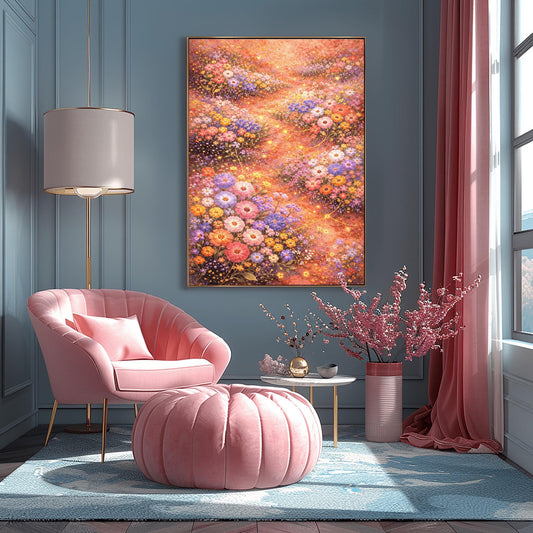 A vertical, highly detailed Art Nouveau-style illustration of a dense wildflower meadow. Stylized flowers in shades of lavender, coral, and orange are outlined in gold. Shimmering golden particles float between the blooms against a warm, glowing amber background.