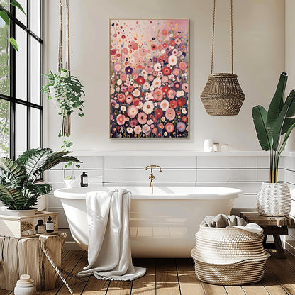 a luxurious bathroom with a large, white freestanding bathtub, a painting of a field of flowers hanging on the wall, and various potted plants and decorative items throughout the space.