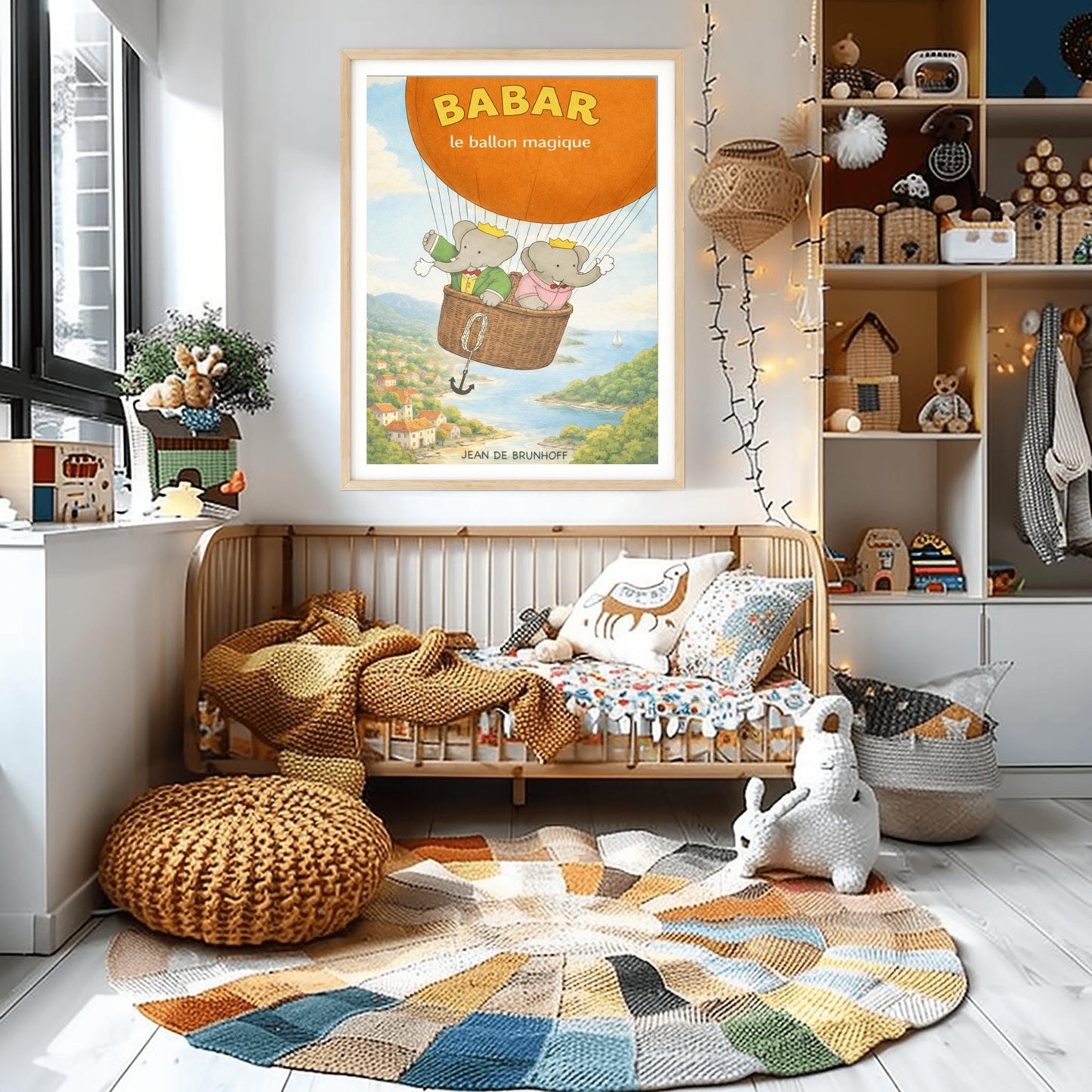 A vertical children's illustration poster titled "BABAR: le ballon magique" in yellow. The top half shows a large orange hot air balloon. In the wicker basket, two elephants (Babar and Celeste) wear crowns and wave. Babar is in a green suit and Celeste is in a pink dress. They are flying over a beautiful coastline with red-roofed houses, green hills, and a blue sea with a sailboat. The name "JEAN DE BRUNHOFF" is at the bottom.