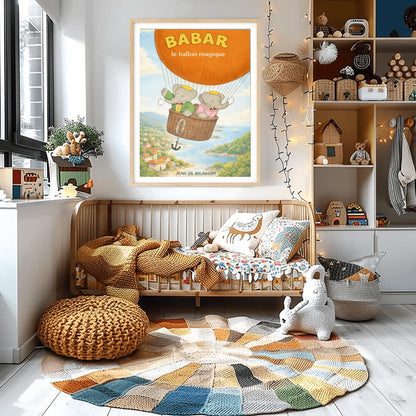 A vertical children's illustration poster titled "BABAR: le ballon magique" in yellow. The top half shows a large orange hot air balloon. In the wicker basket, two elephants (Babar and Celeste) wear crowns and wave. Babar is in a green suit and Celeste is in a pink dress. They are flying over a beautiful coastline with red-roofed houses, green hills, and a blue sea with a sailboat. The name "JEAN DE BRUNHOFF" is at the bottom.