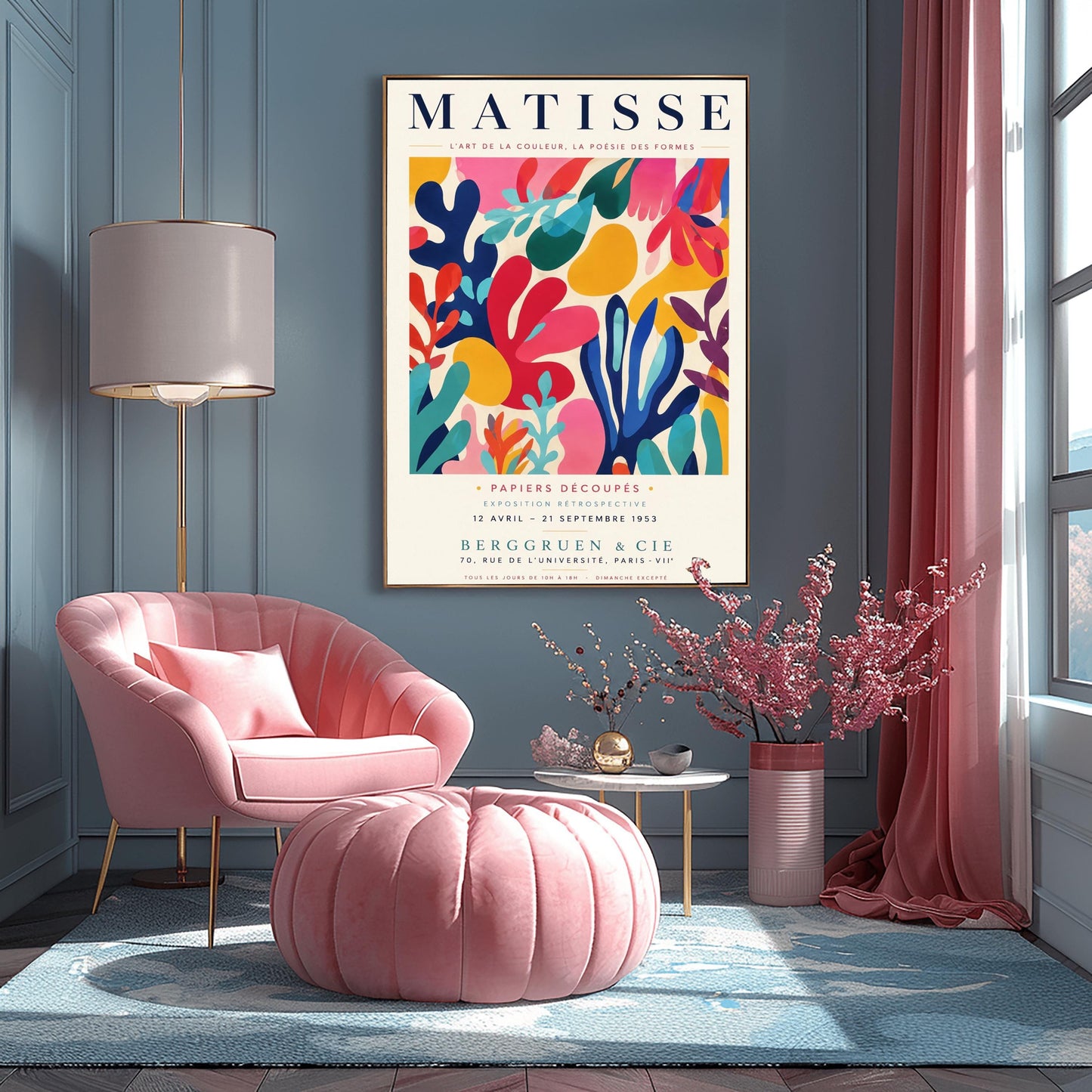 A vertical gallery exhibition poster with a warm cream border. Bold black text at the top reads "HENRI MATISSE". The central artwork is a rectangular block with a solid cobalt blue background, featuring a cream silhouette of an abstract, organic split-leaf design. Below the block, black text reads "PAPIERS DÉCOUPÉS" and "FEUILLE". The bottom of the poster finishes with the text "BERGGRUEN & CIE - 70 RUE DE L'UNIVERSITÉ - PARIS VII".