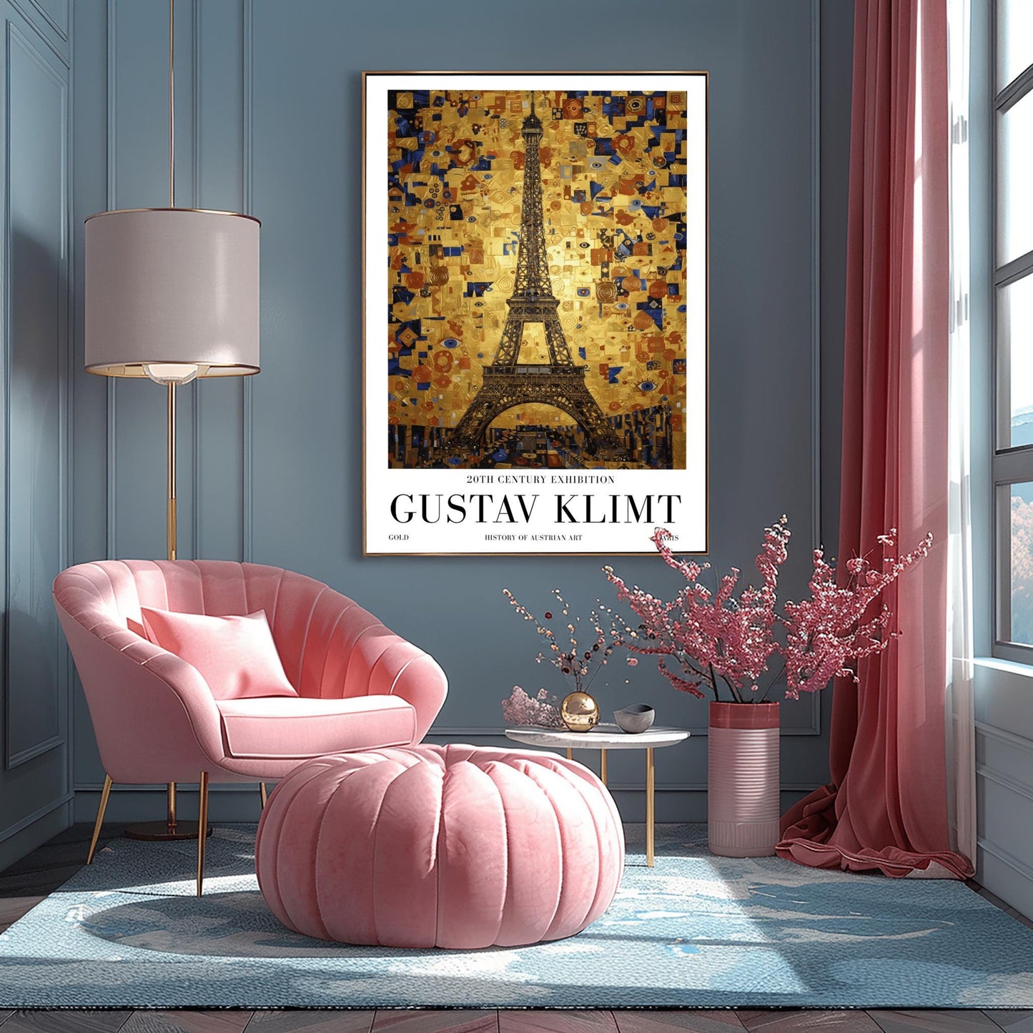 A vertical museum exhibition poster in the style of Gustav Klimt. The Eiffel Tower in Paris is rendered in a dark structural style against a sky made of a dense golden mosaic of squares, tiles, and blue "eye" symbols. Bold black text at the bottom reads "GUSTAV KLIMT" and "PARIS."
