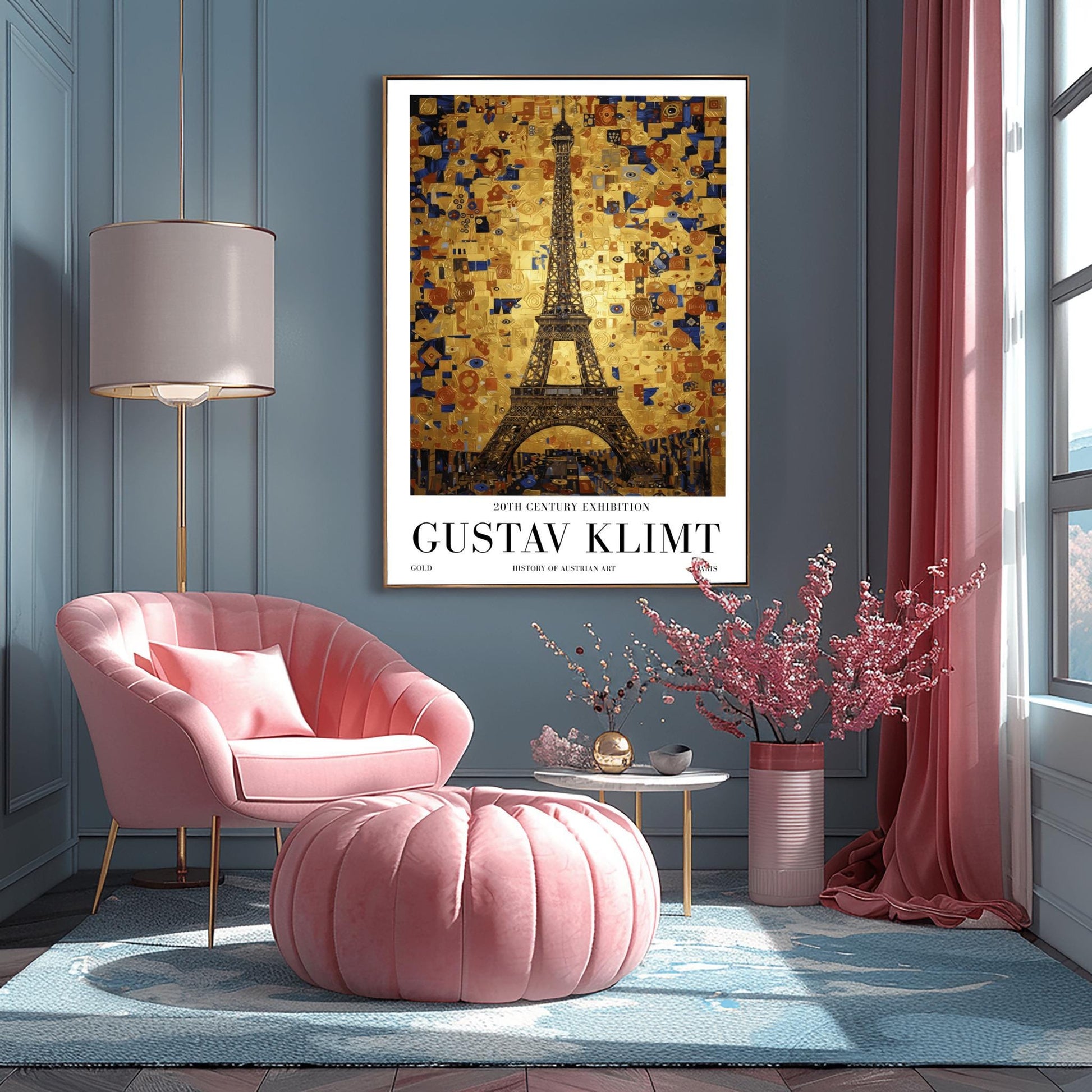A vertical museum exhibition poster in the style of Gustav Klimt. The Eiffel Tower in Paris is rendered in a dark structural style against a sky made of a dense golden mosaic of squares, tiles, and blue "eye" symbols. Bold black text at the bottom reads "GUSTAV KLIMT" and "PARIS."