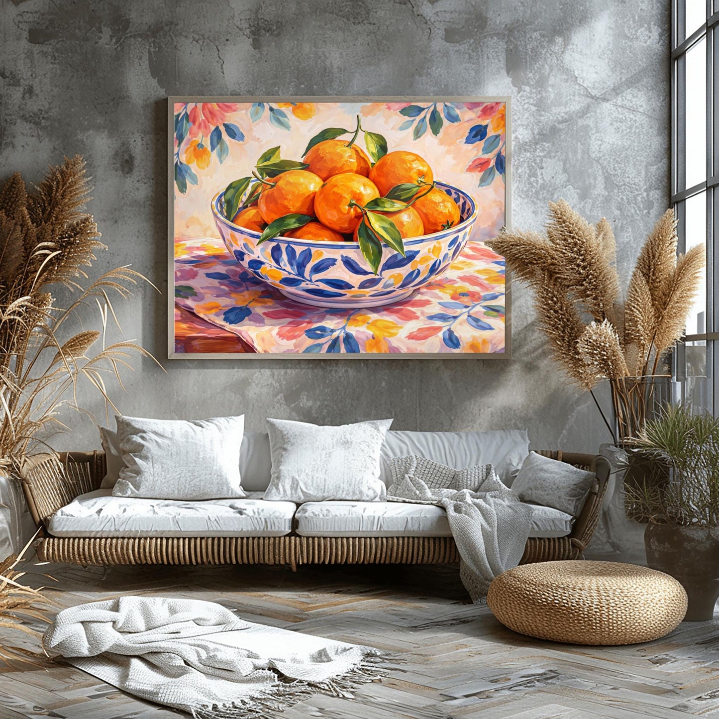 A horizontal painterly illustration of a large blue and white patterned ceramic bowl filled with bright oranges and green leaves. The bowl sits on a table covered with a pink and yellow floral cloth, with a matching soft floral pattern in the background.