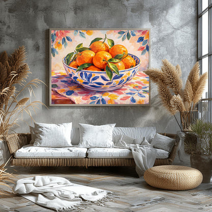 A horizontal painterly illustration of a large blue and white patterned ceramic bowl filled with bright oranges and green leaves. The bowl sits on a table covered with a pink and yellow floral cloth, with a matching soft floral pattern in the background.