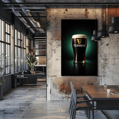 A vertical hyper-realistic photograph of a pint of Guinness centered against a dark background with a soft emerald green glow. The glass is covered in light condensation and features the gold Guinness logo. The foam is thick and white, and a slight ruby-red glow is visible at the bottom of the dark liquid.