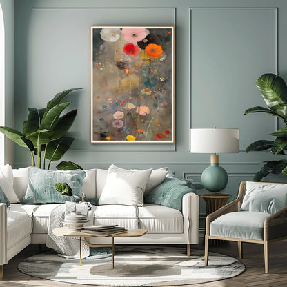 A vertical oil painting in the style of Gustav Klimt with an ethereal, muted twist. A cluster of large, soft-petaled poppies in coral, pink, and white rise from the bottom against a moody, textured grey and gold background. The painting features subtle splatters and impressionist brushwork, creating a dreamy, atmospheric garden scene.