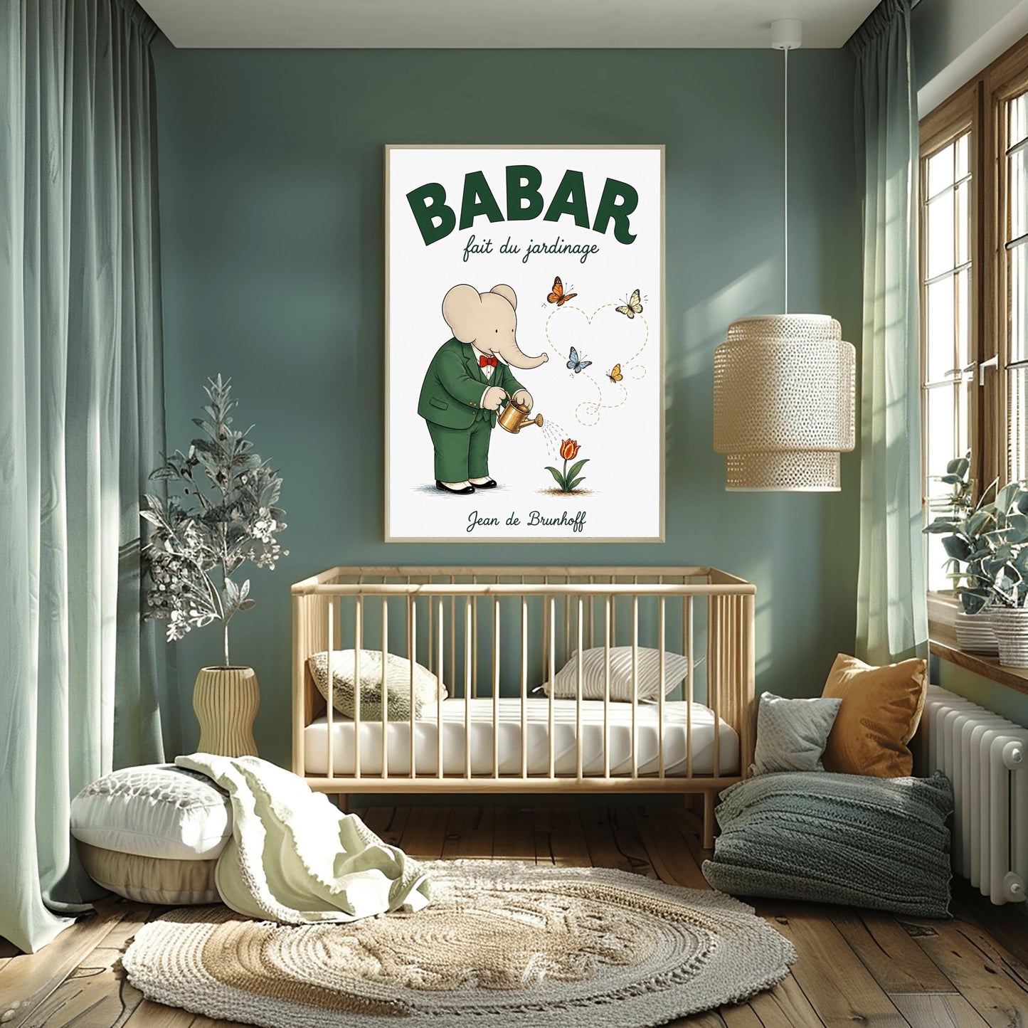 A vertical fine art exhibition poster featuring a classic illustration of Babar the Elephant by Jean de Brunhoff. Set within a wide white border on a textured off-white background, the elephant is shown in a green suit and red bowtie watering a red tulip with a gold can. Four butterflies fly nearby, leaving a dotted line that forms a heart shape. Bold green text at the top reads "BABAR fait du jardinage".