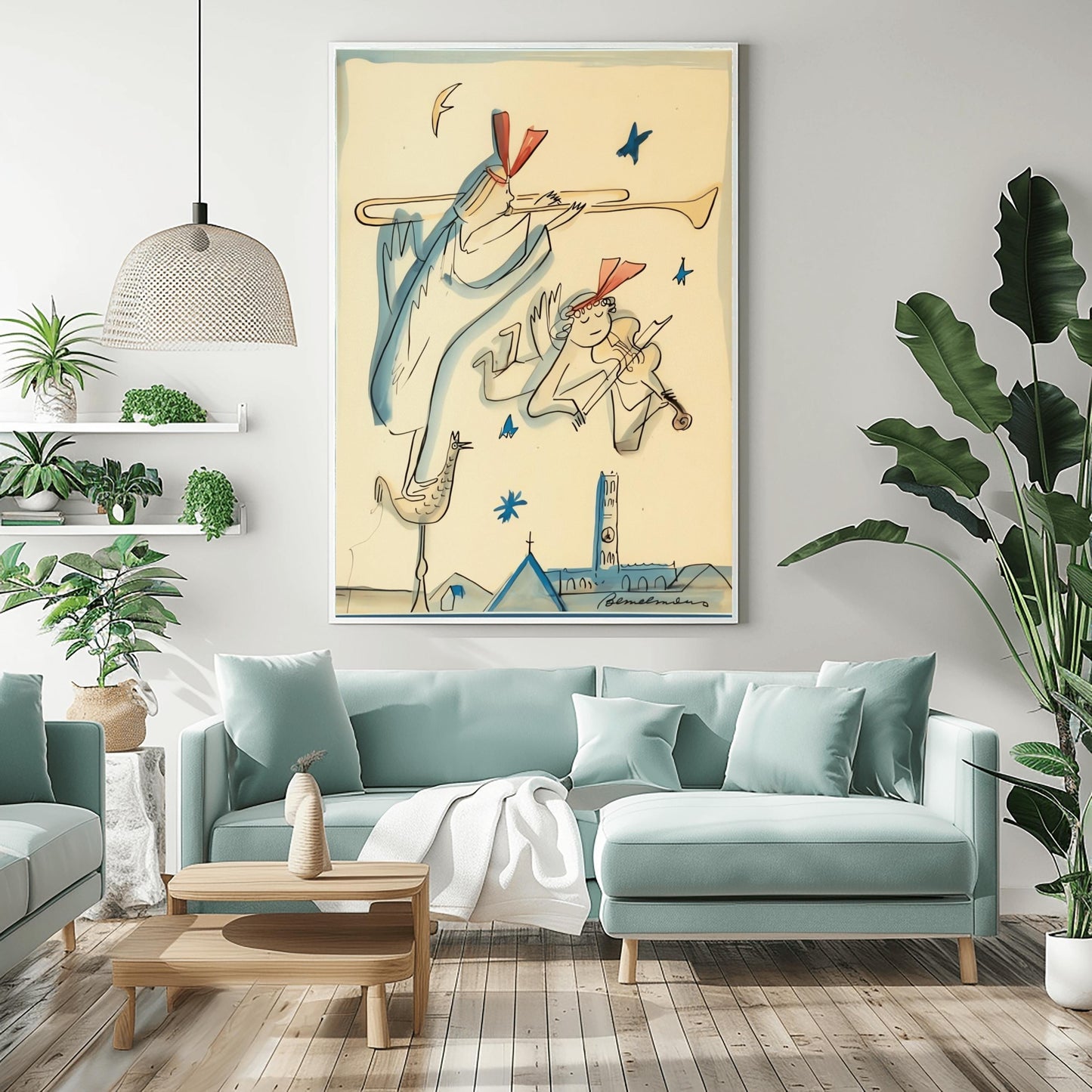 A vertical minimalist children's fine art exhibition print inspired by Ludwig Bemelmans, featuring a wide white border layout. In the center, a group of whimsical winged angels wearing dark jackets and white collars are illustrated playing horns and marching across a warm mustard yellow floor against a solid white background. The print features loose black ink line weights and a faint green botanical outline in the background.