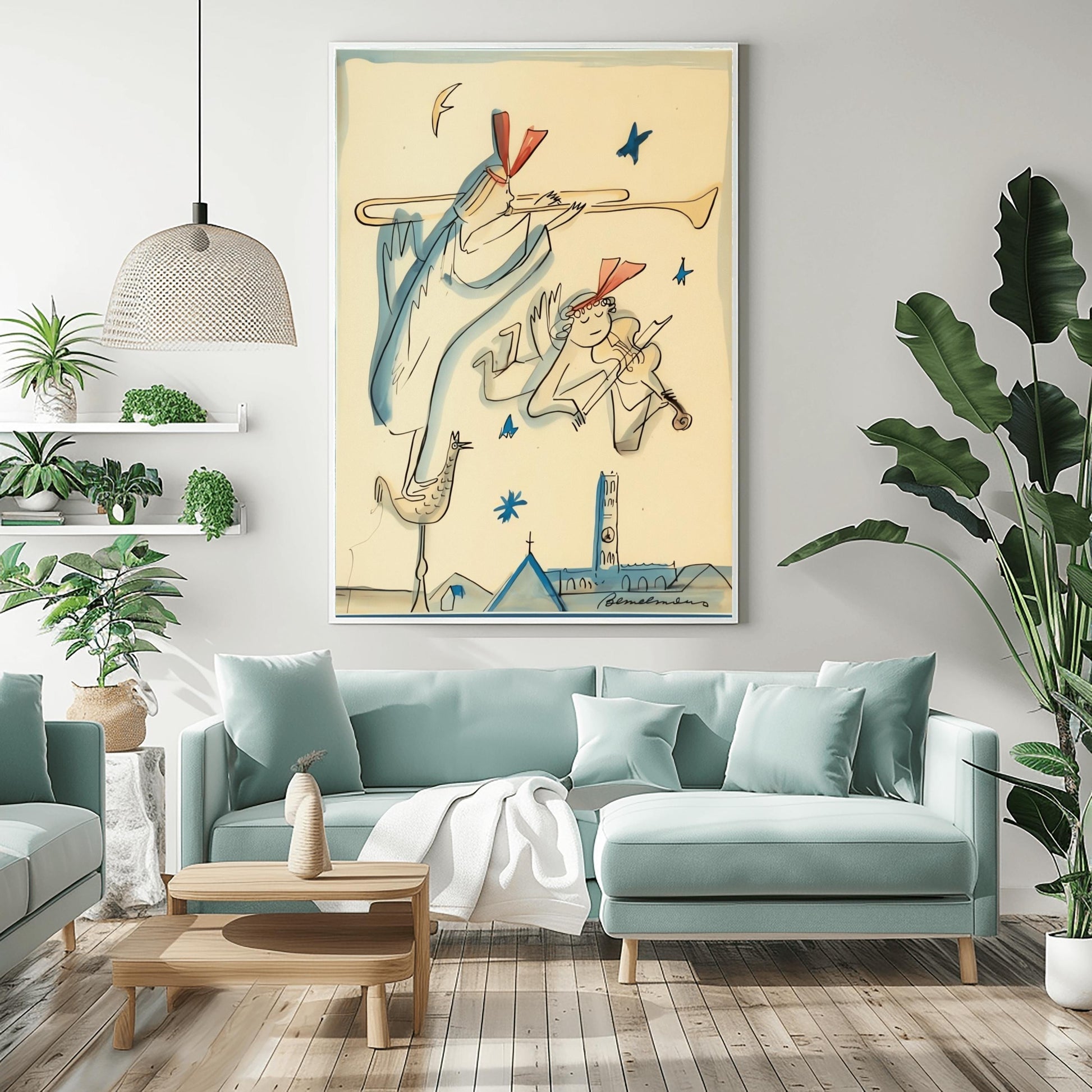 A vertical minimalist children's fine art exhibition print inspired by Ludwig Bemelmans, featuring a wide white border layout. In the center, a group of whimsical winged angels wearing dark jackets and white collars are illustrated playing horns and marching across a warm mustard yellow floor against a solid white background. The print features loose black ink line weights and a faint green botanical outline in the background.