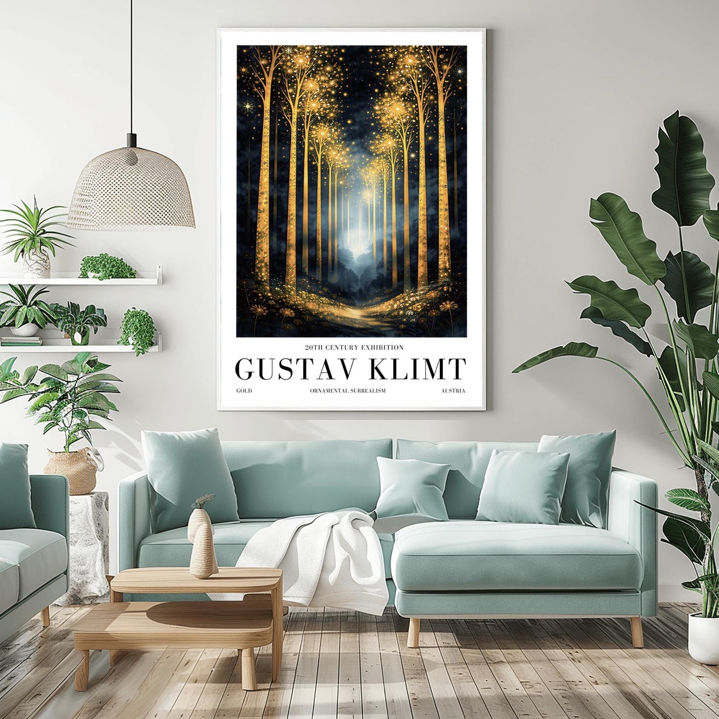 A vertical full-bleed illustration of a birch forest at night in the style of Gustav Klimt. The slender trunks are covered in golden patterns, and the tops of the trees explode into golden sparks and stars. A glowing golden path leads into a misty blue distance.