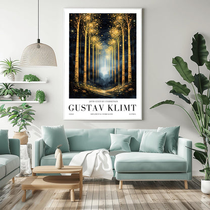 A vertical full-bleed illustration of a birch forest at night in the style of Gustav Klimt. The slender trunks are covered in golden patterns, and the tops of the trees explode into golden sparks and stars. A glowing golden path leads into a misty blue distance.