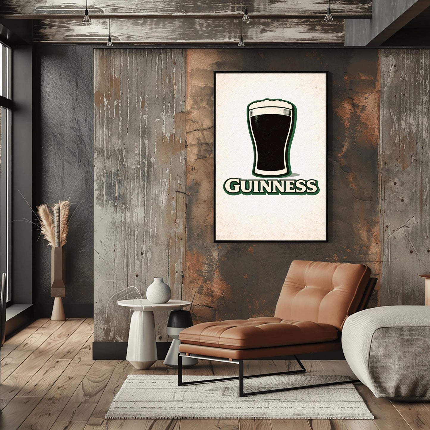A vertical minimalist graphic of a pint of Guinness on a light cream-textured background. The black pint has a thick white foam head and a green drop shadow. Below the glass, the word "GUINNESS" is written in cream text with a green border.