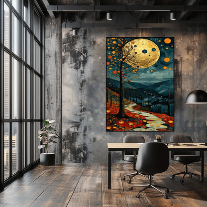 A vertical fine art painting in the style of Gustav Klimt. A massive, textured golden moon hangs in a dark, starlit sky above rolling teal mountains. A white, winding stone path leads through a foreground of orange and red autumn leaves. On the left, a slender tree is decorated with golden mosaic orbs. The overall style is rich in texture and golden ornamentation.