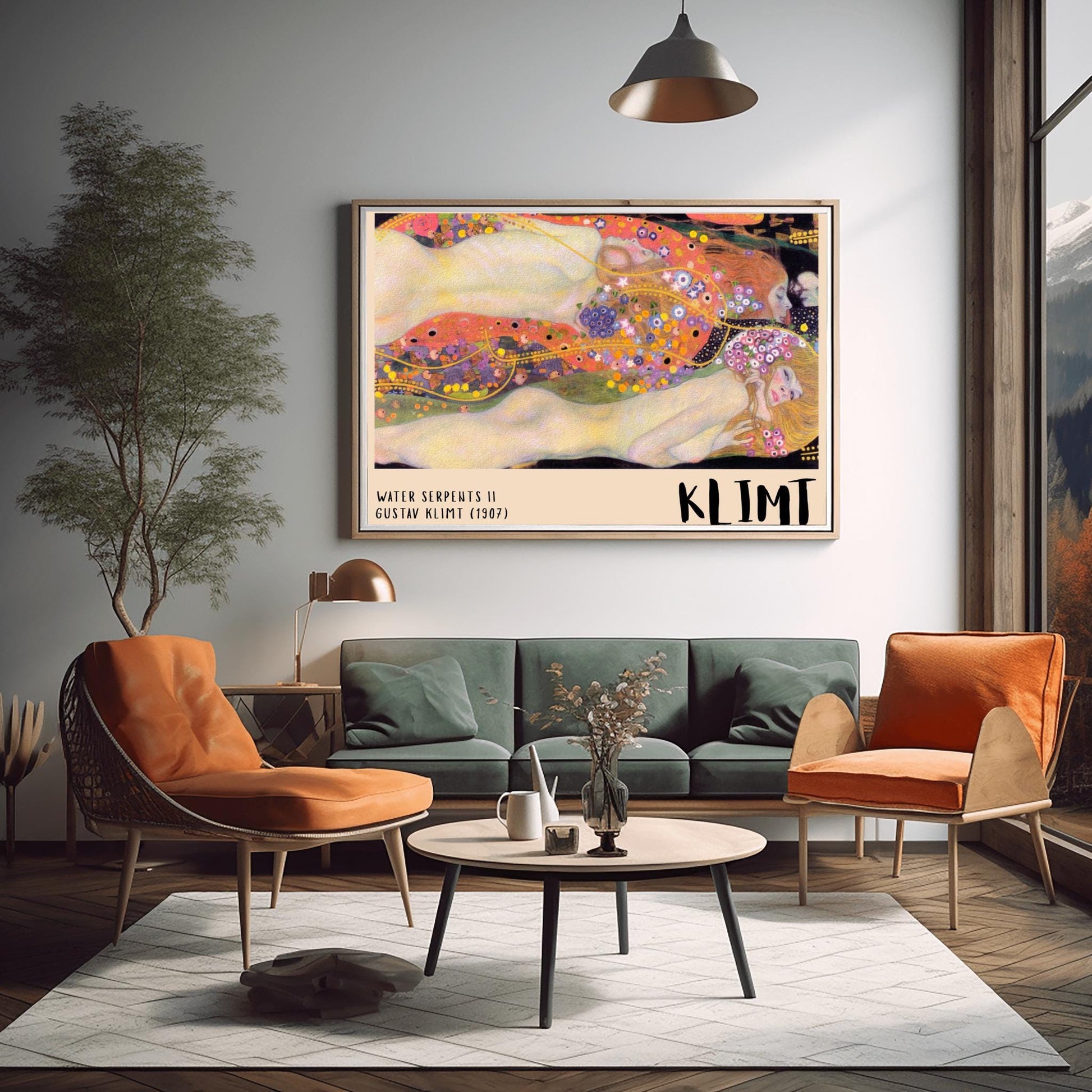 A horizontal museum exhibition poster featuring Gustav Klimt's 1907 painting "Water Serpents II." Reclining female figures are surrounded by a sea of golden spirals, blue and purple flowers, and ornate patterns. The bottom border is cream with bold black text reading "WATER SERPENTS II" and "KLIMT."