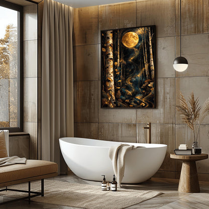 A vertical, highly detailed Art Nouveau illustration in the style of Gustav Klimt. A large, ornate golden moon with swirling patterns hangs in a dark navy forest. The foreground is filled with stylized golden wildflowers and ferns, and a ribbon of golden stardust winds through patterned birch trees.