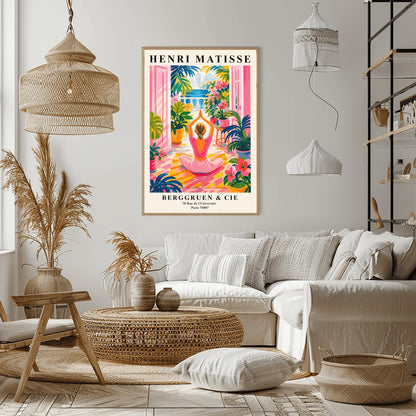 A vertical maximalist art print styled as a Henri Matisse exhibition poster. A woman with blonde hair tied back is seen from behind, sitting on a yellow-and-orange striped yoga mat in a yoga pose with her hands joined above her head. She faces open pink French doors that lead to a balcony with a view of a blue sea and a distant city. The terrace is filled with vibrant pink flowers, large green tropical plants in yellow pots, and a small wooden stool.